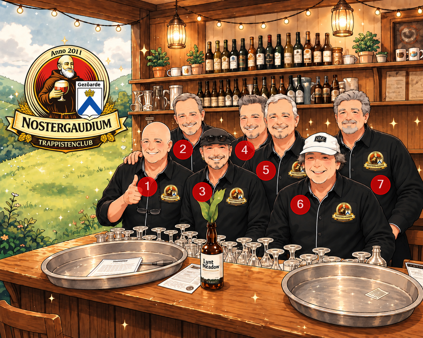 Groepsfoto van de zeven paters van Nostergaudium, genummerd van 1 tot 7